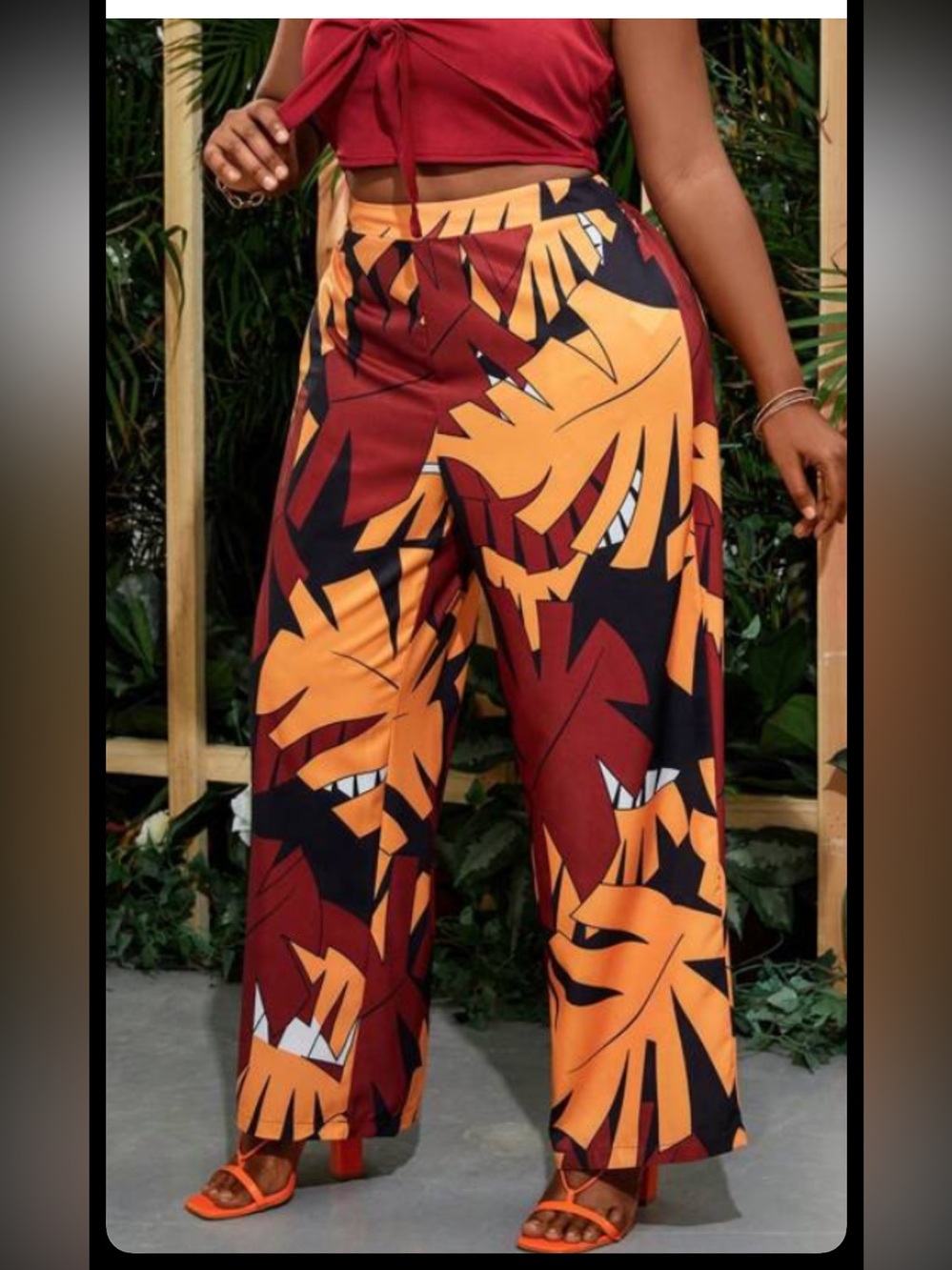 SHEIN Burgundy, Orange & Black Tropical Wide-Leg Pants